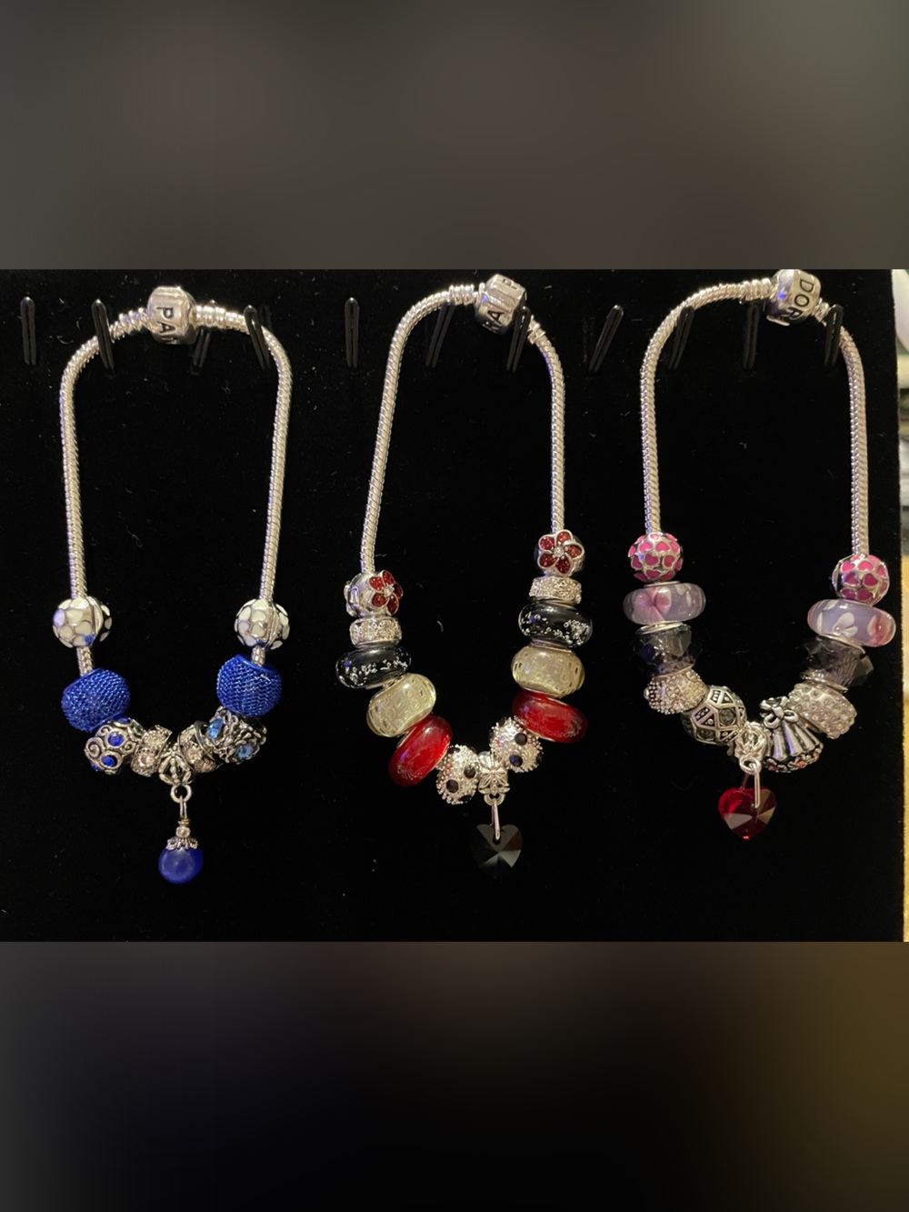 Pandora Style Multi-Color Charm Bracelets - Blue, Red, Pink, Black & white